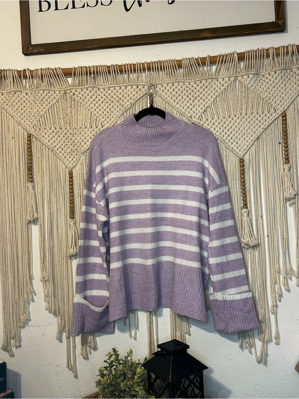 Francesca's Lavender and White Striped Mock Neck Sweater